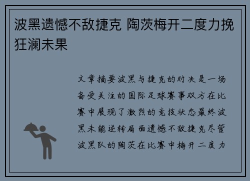 波黑遗憾不敌捷克 陶茨梅开二度力挽狂澜未果