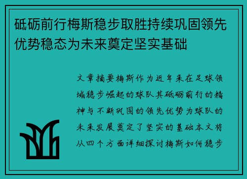 砥砺前行梅斯稳步取胜持续巩固领先优势稳态为未来奠定坚实基础