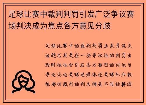足球比赛中裁判判罚引发广泛争议赛场判决成为焦点各方意见分歧