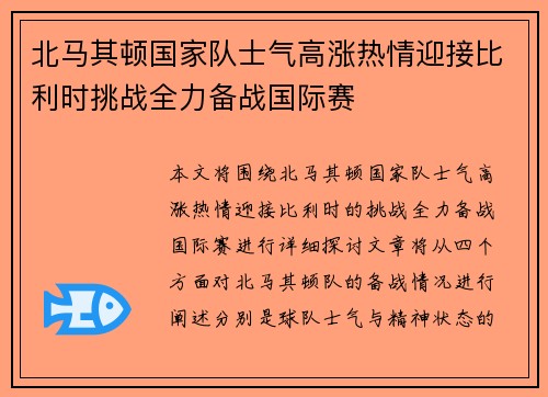 北马其顿国家队士气高涨热情迎接比利时挑战全力备战国际赛