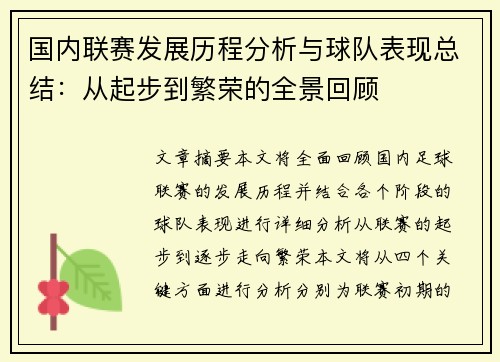 国内联赛发展历程分析与球队表现总结：从起步到繁荣的全景回顾