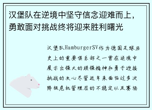 汉堡队在逆境中坚守信念迎难而上，勇敢面对挑战终将迎来胜利曙光