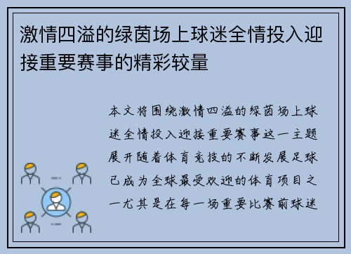 激情四溢的绿茵场上球迷全情投入迎接重要赛事的精彩较量