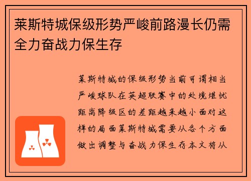 莱斯特城保级形势严峻前路漫长仍需全力奋战力保生存