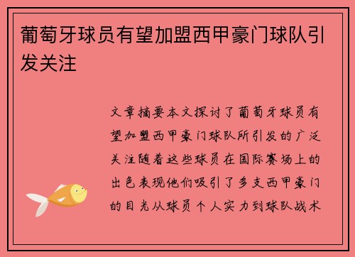 葡萄牙球员有望加盟西甲豪门球队引发关注