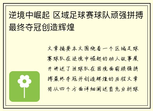 逆境中崛起 区域足球赛球队顽强拼搏最终夺冠创造辉煌