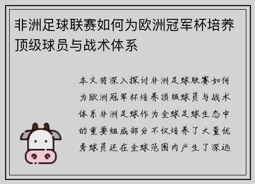 非洲足球联赛如何为欧洲冠军杯培养顶级球员与战术体系