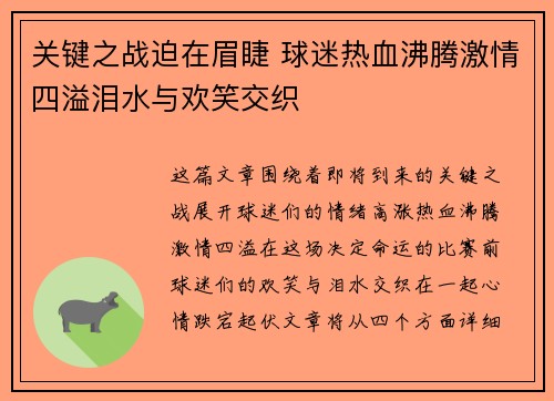 关键之战迫在眉睫 球迷热血沸腾激情四溢泪水与欢笑交织