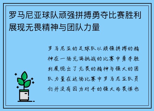 罗马尼亚球队顽强拼搏勇夺比赛胜利展现无畏精神与团队力量