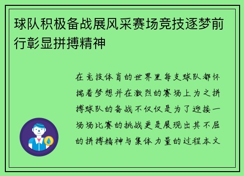 球队积极备战展风采赛场竞技逐梦前行彰显拼搏精神