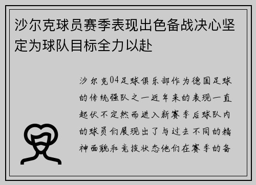 沙尔克球员赛季表现出色备战决心坚定为球队目标全力以赴